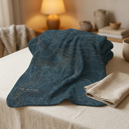 The Alpine topographic fleece blanket styled on a bed