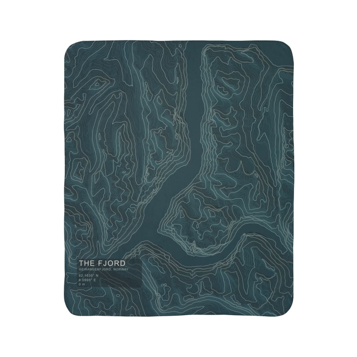 The Fjord Geirangerfjord topographic fleece blanket shown flat in deep teal