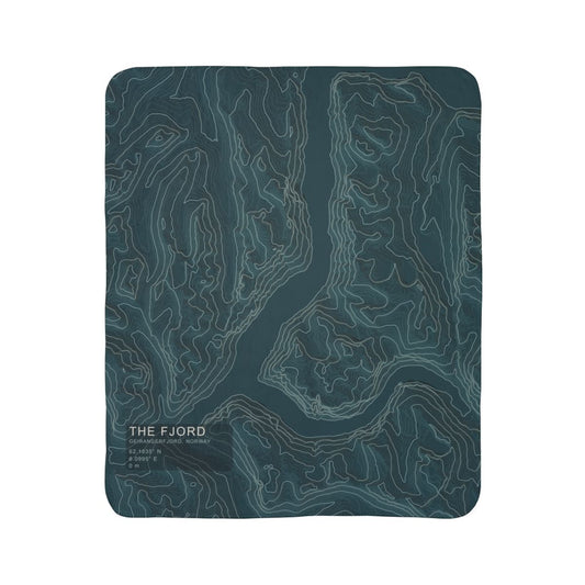 The Fjord Geirangerfjord topographic fleece blanket shown flat in deep teal