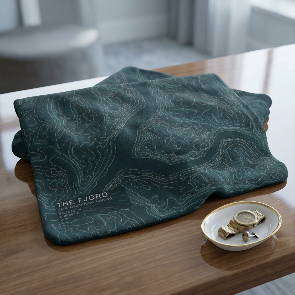 The Fjord topographic fleece blanket spread on a wooden table