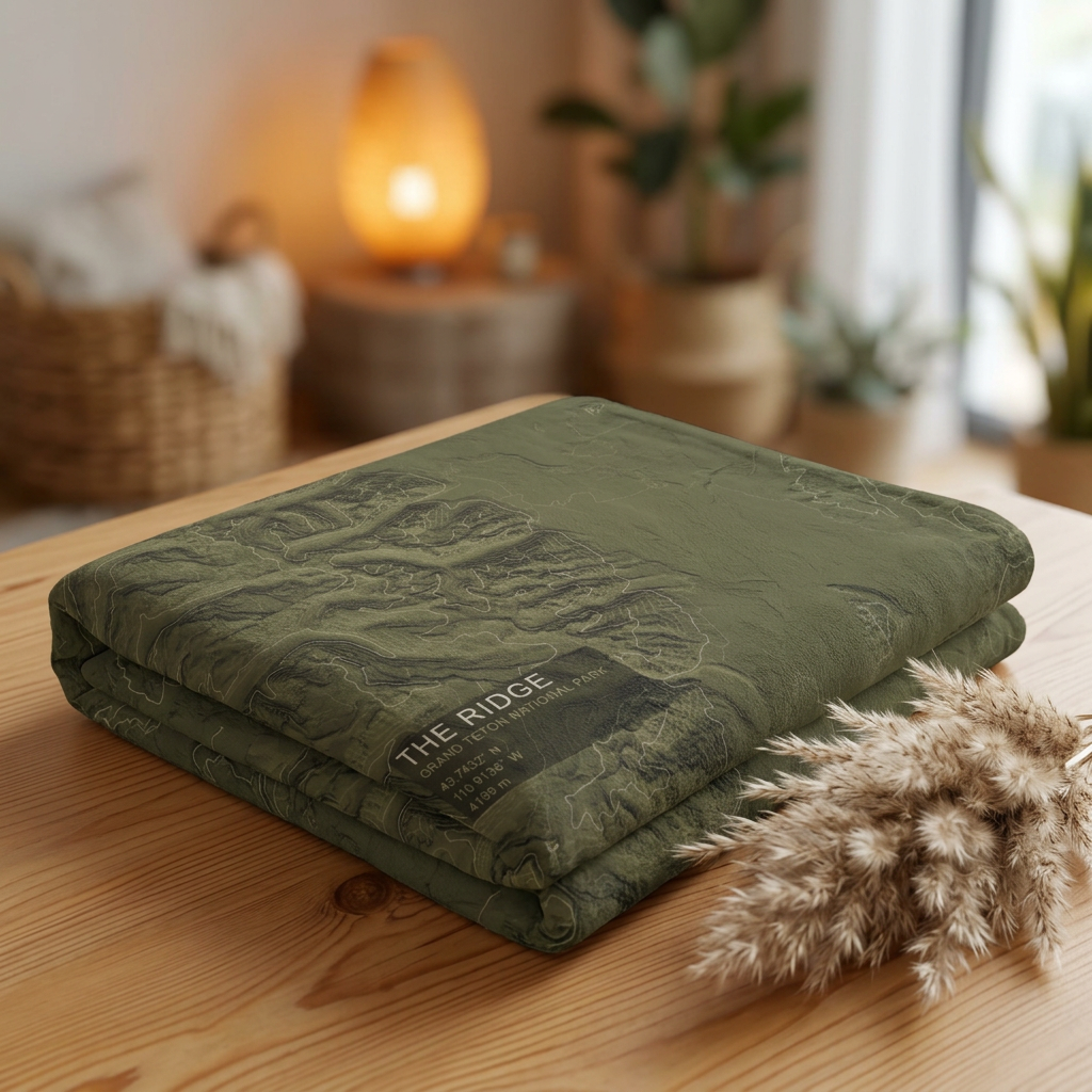 Folded The Ridge Grand Teton terrain blanket on a wooden table