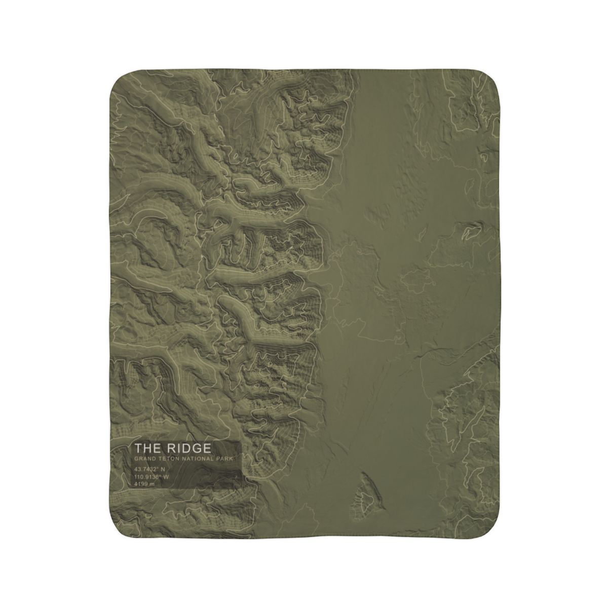 The Ridge Grand Teton topographic fleece blanket shown flat in olive green