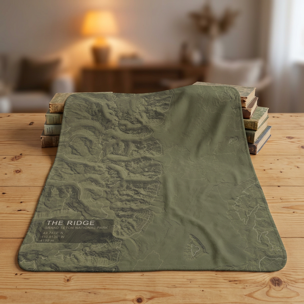 The Ridge Grand Teton fleece blanket spread on a table