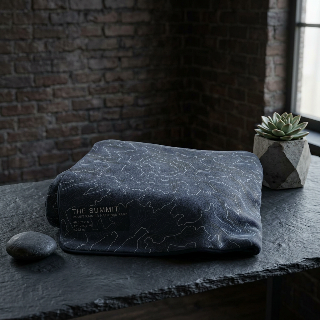 Folded The Summit Mount Rainier terrain blanket on a dark surface