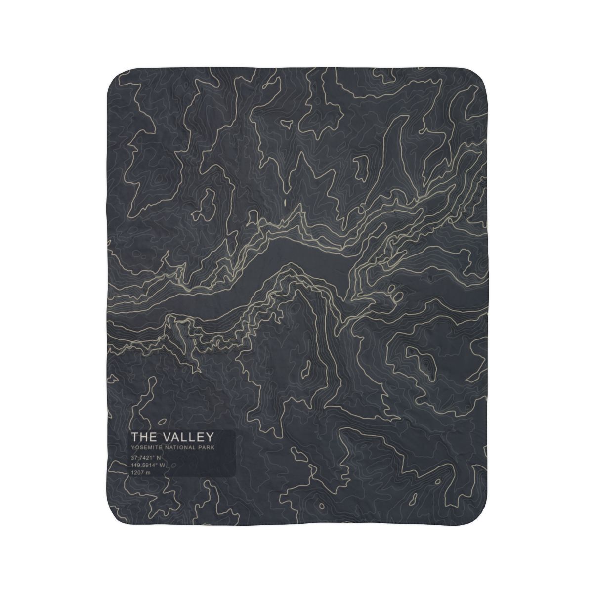The Valley Yosemite topographic fleece blanket shown flat in dark slate